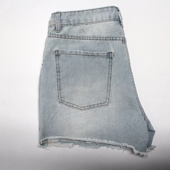 No Boundaries Junior Size 11 Light Wash High Rise Destructed Midi Shorts & Stain - Picture 12 of 15